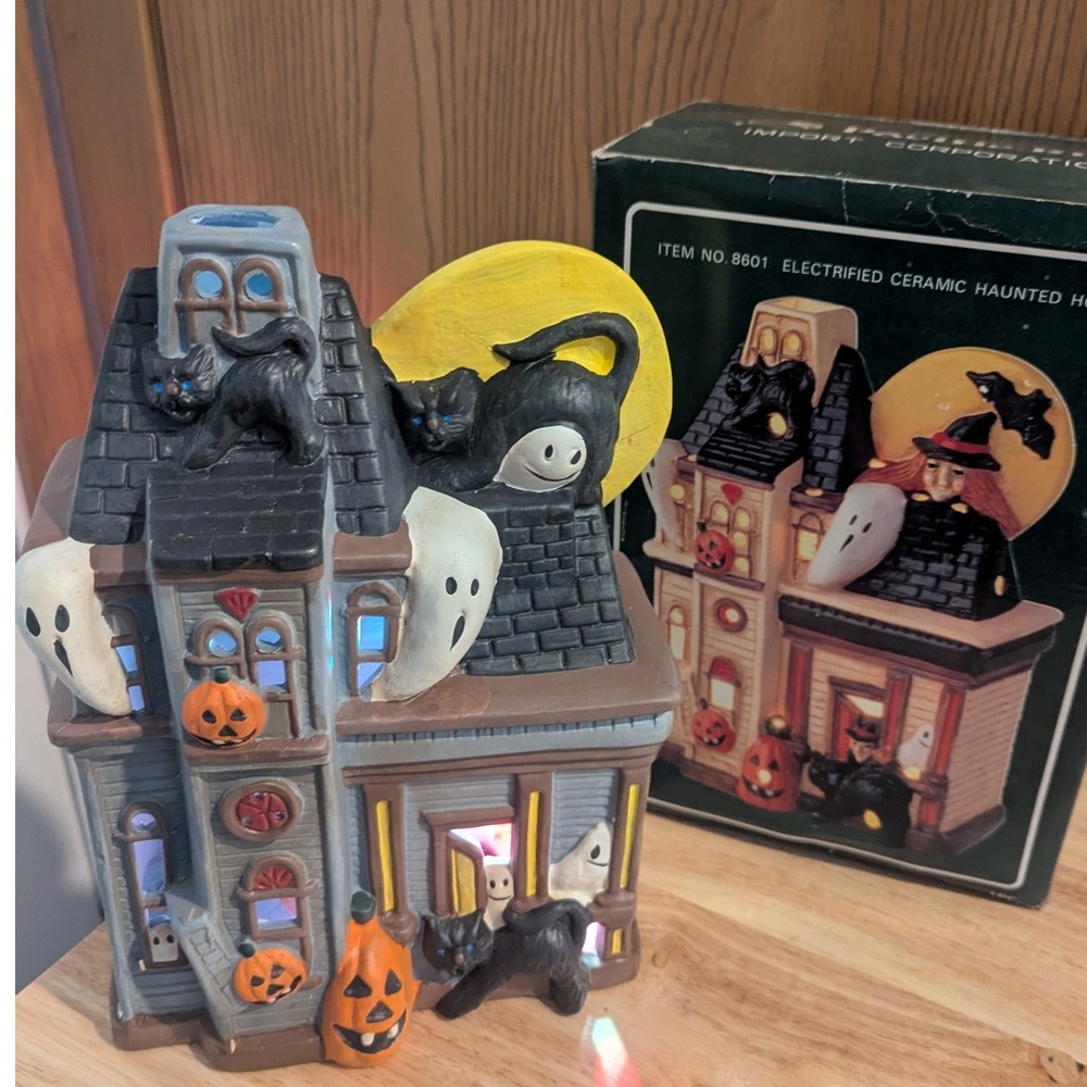 Vintage Pacific Rim Ceramic Haunted House Halloween Light Up Black Cat Ghost